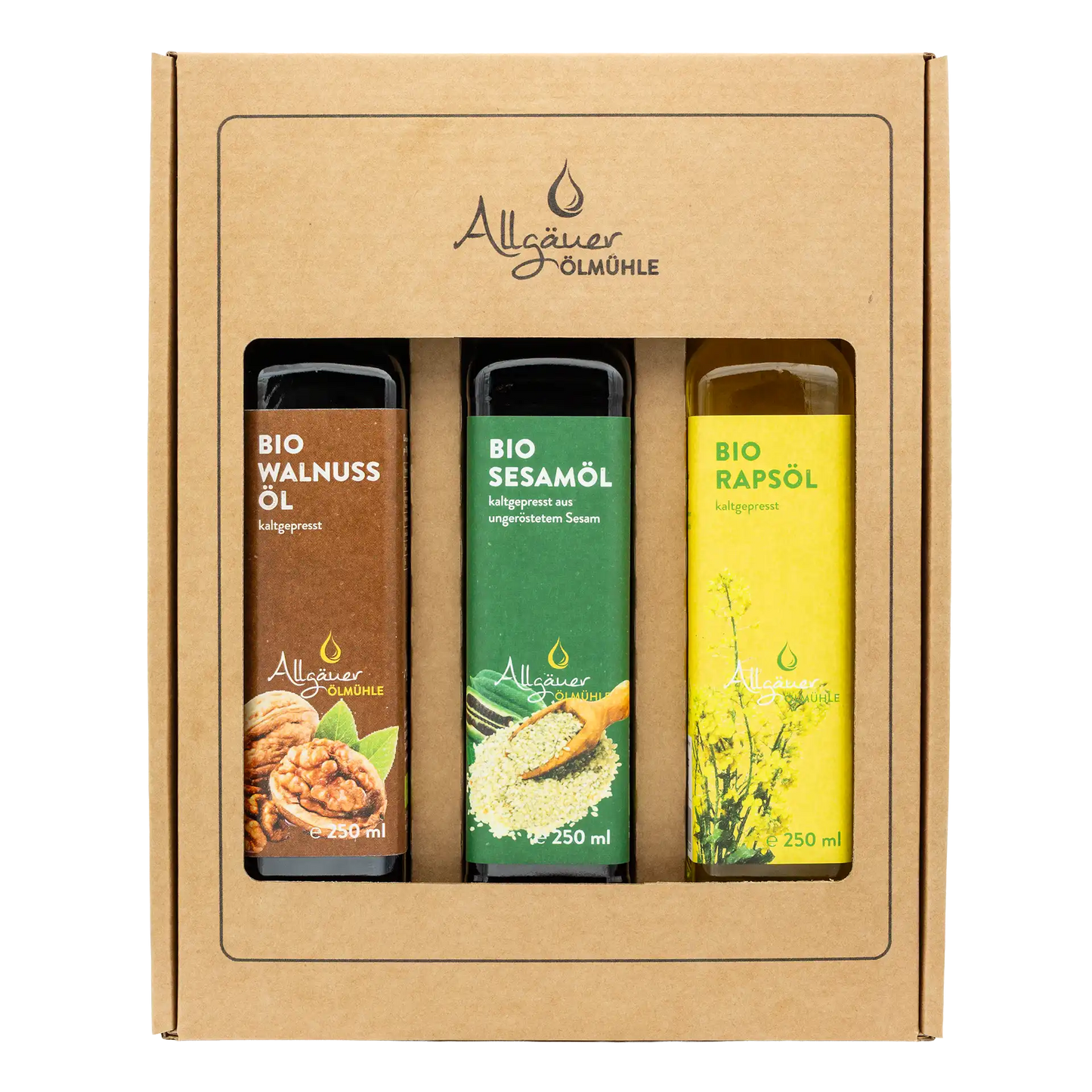 Allgäuer Ölmühle Bio Selection Geschenkbox mit 3 250 ml Flaschen