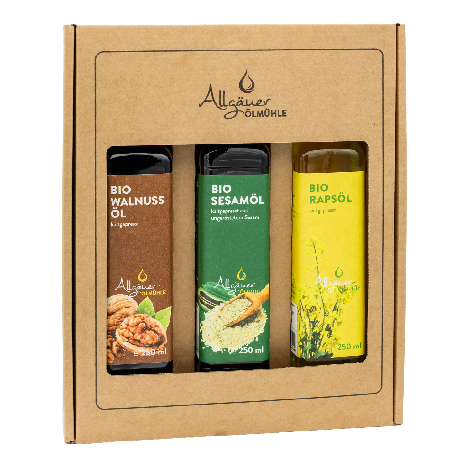 Allgäuer Ölmühle Bio Selection Geschenkbox mit 3 250 ml Flaschen