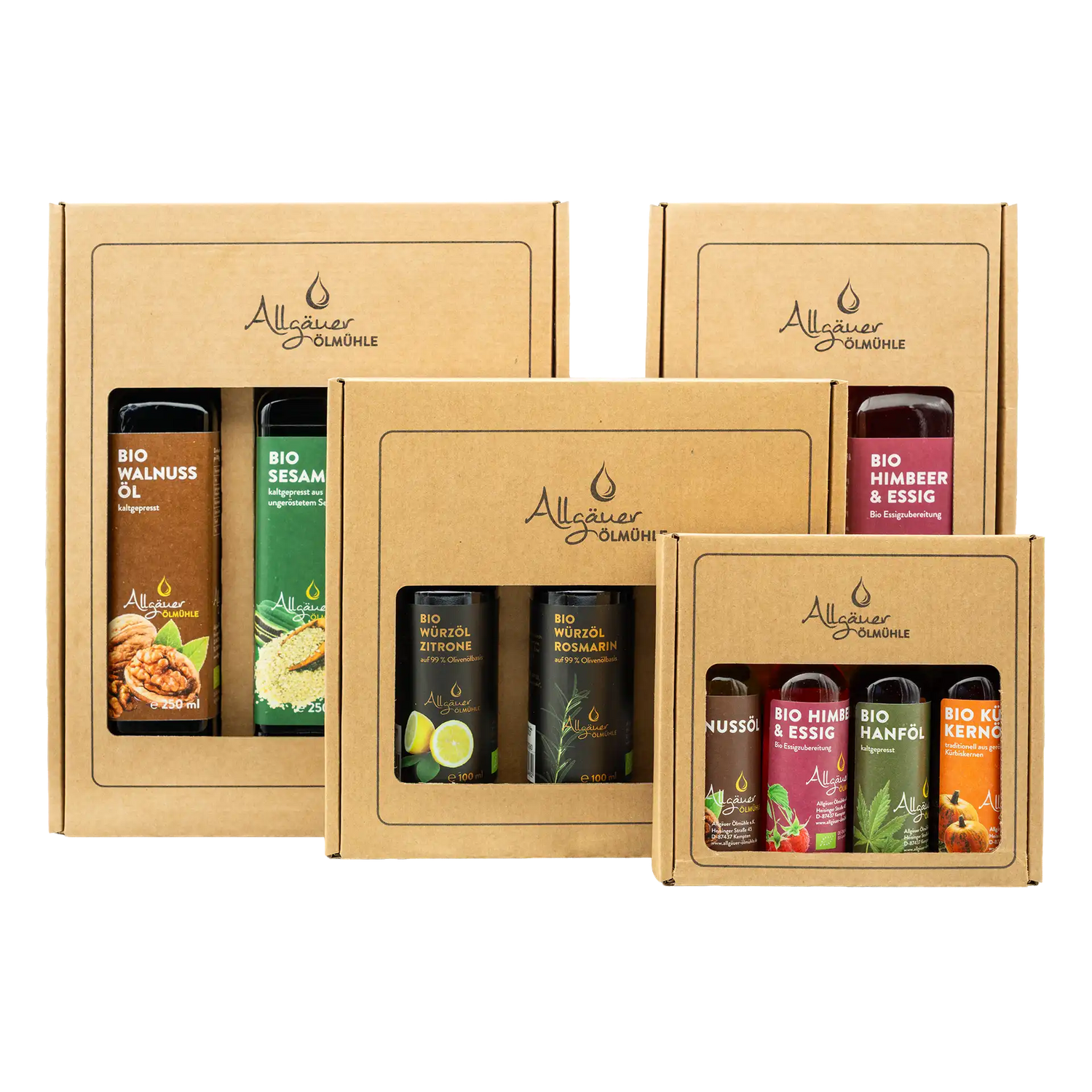 Auswahl an Allgäuer Ölmühle Bio Selection Geschenkboxen in allen Größen