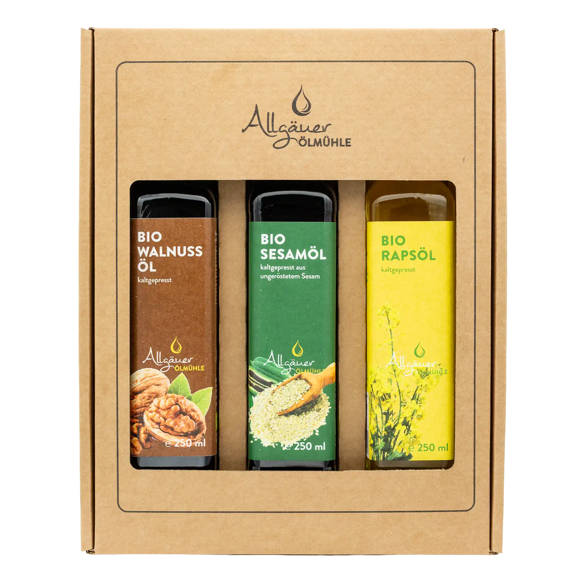Allgäuer Ölmühle Bio Selection Geschenkbox mit 3 250 ml Flaschen