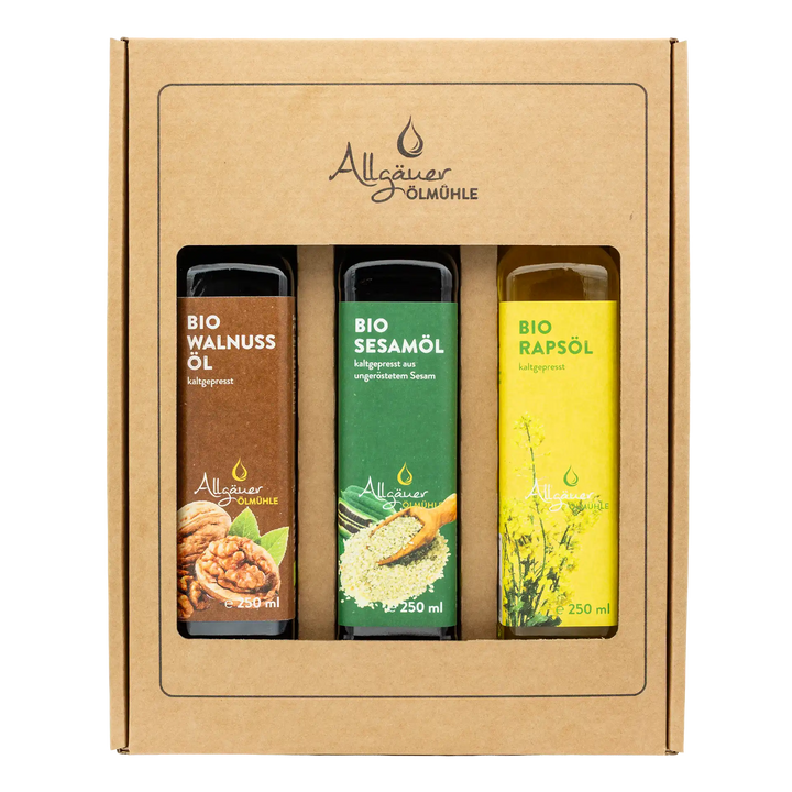 Allgäuer Ölmühle Bio Selection Geschenkbox mit 3 250 ml Flaschen